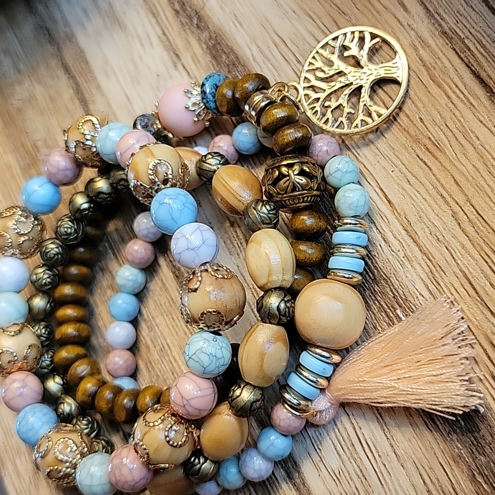 š„LAST ONEš„Tree and Tassel Beaded Bracelet Set, driftwood beach - Picture 1 of 5